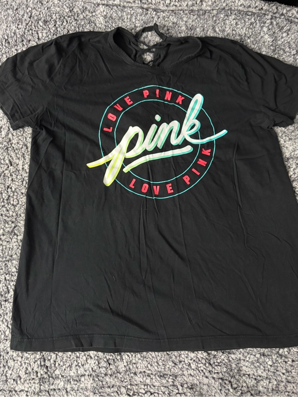 PINK Victoria's Secret Black Tee with Neon Pink and Aqua Script
